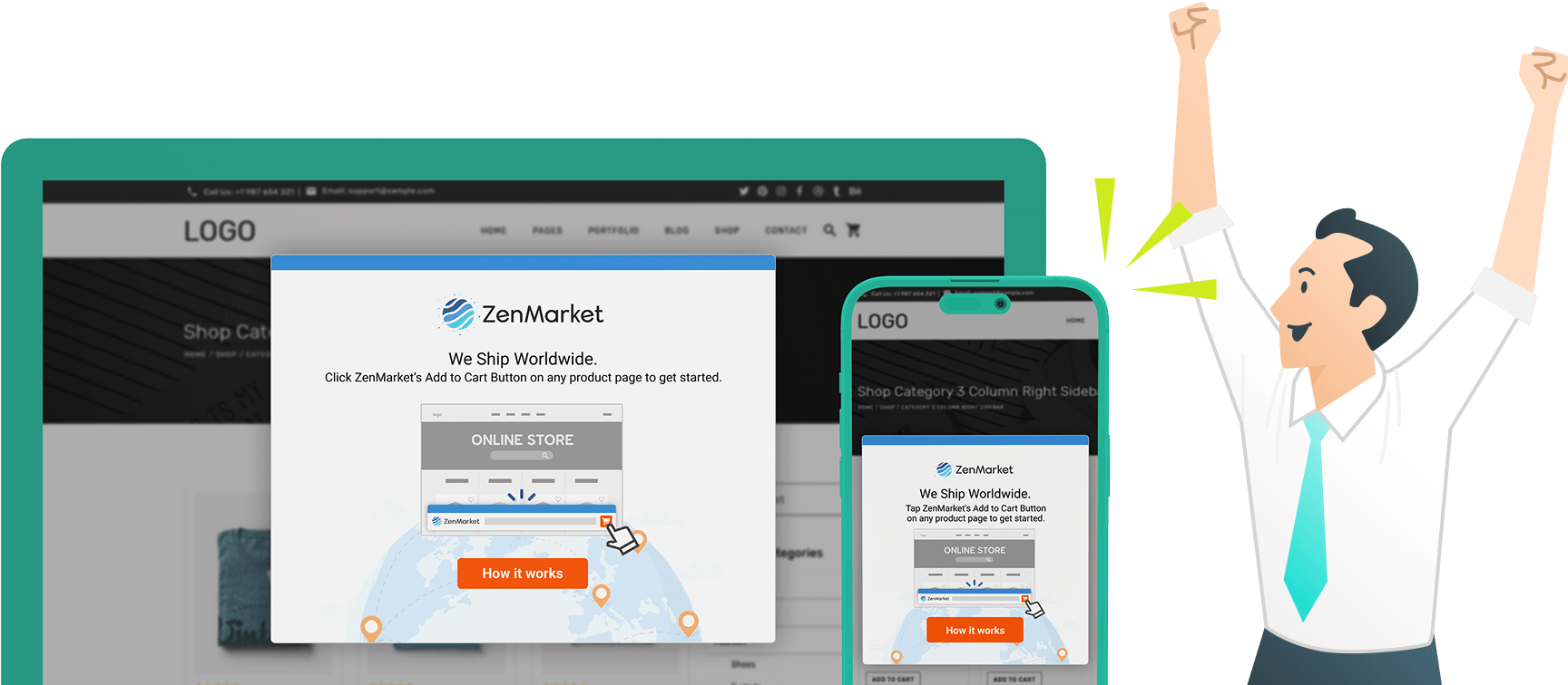 zenlinkの画面と喜ぶスーツの男性